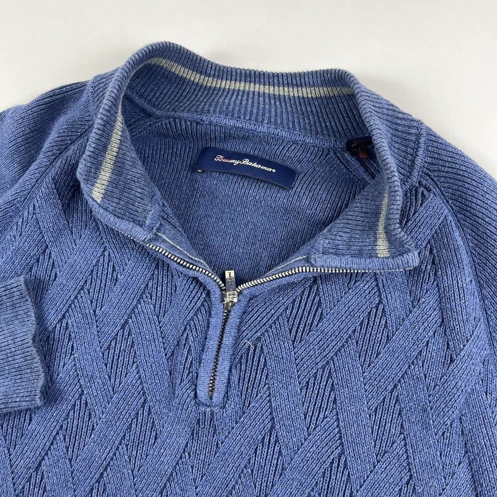 Tommy Bahama Sweater Men’s X Large 1/4 Zip Blue 100% Cotton Cable Knit Pullover